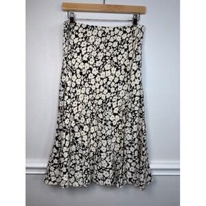 Lauren Ralph Lauren Brown White Floral 100% Silk Midi A-Line Skirt Size 12